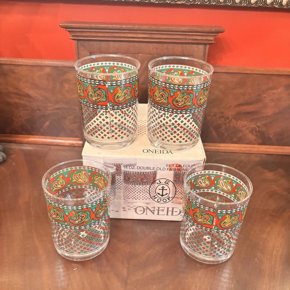 Vintage Oneida JG Hook Bountiful Paisley 14 Oz Double Old Fashioned Glasses 4